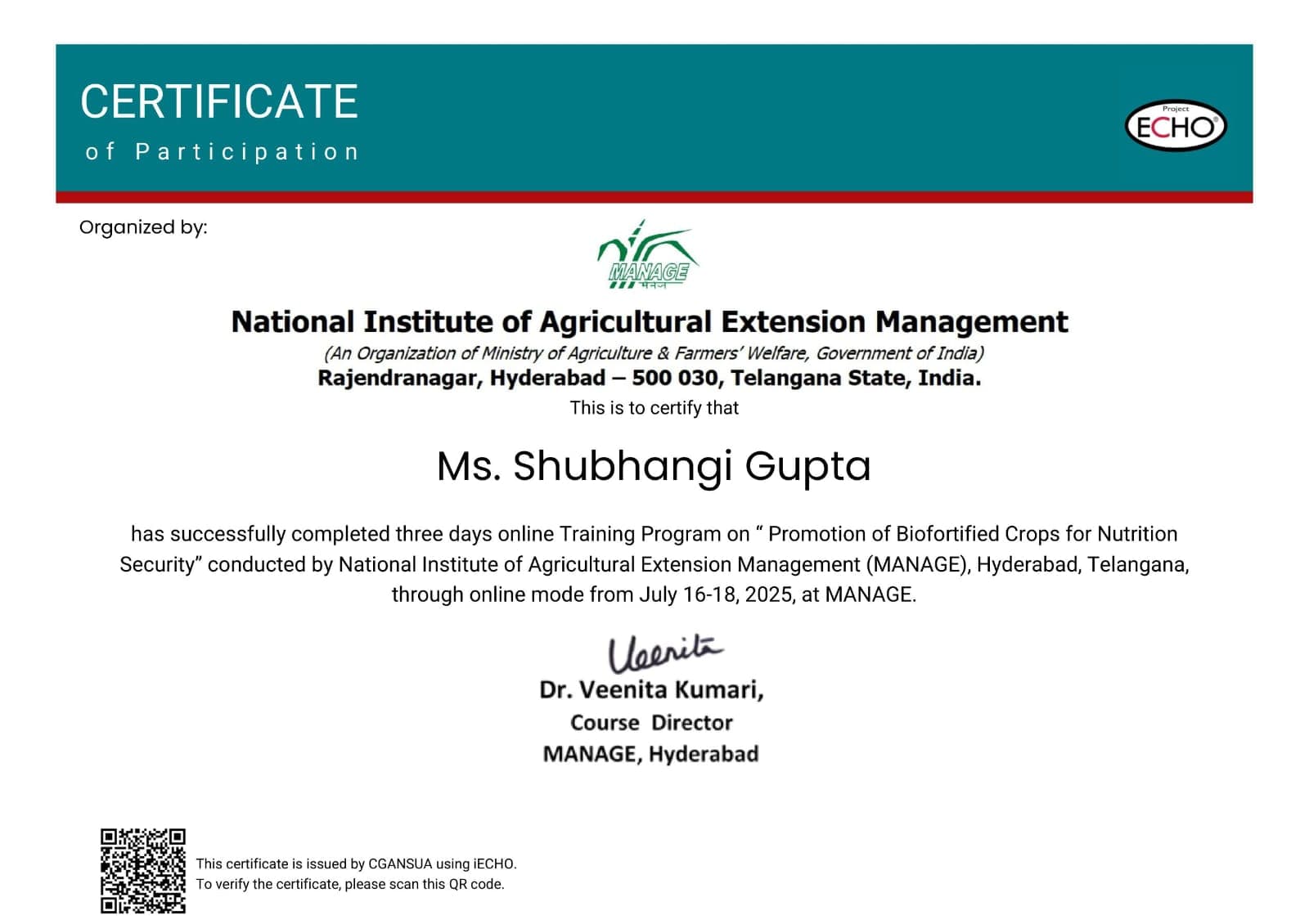 Promotion of Biofortified Crops for Nutrition Security